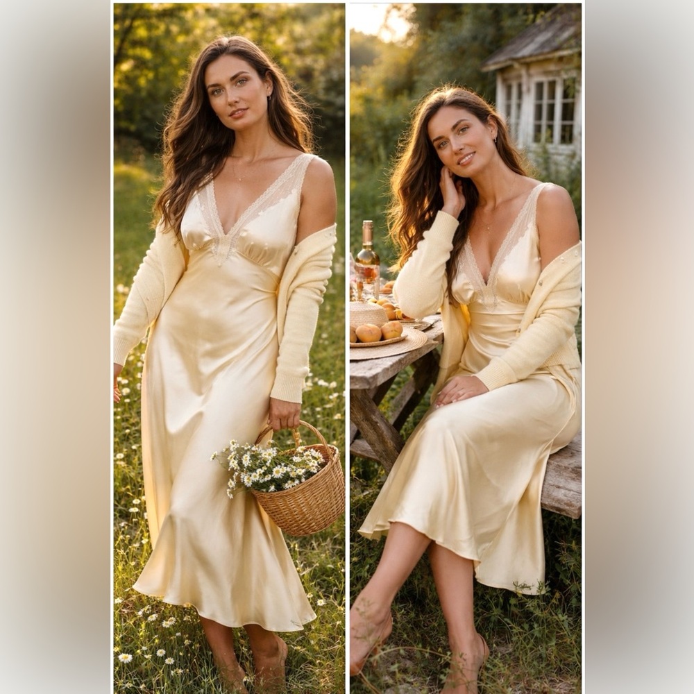NWT DÔEN Corelia Silk Midi Dress in Forsythia , Butter Yellow Size L